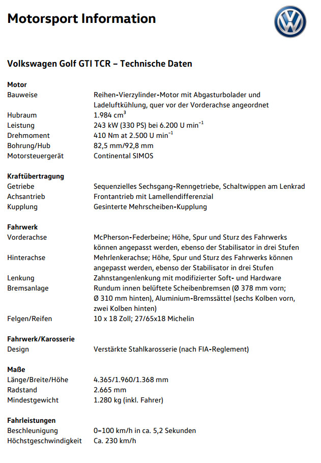 VW Golf GTI TCR technische Daten