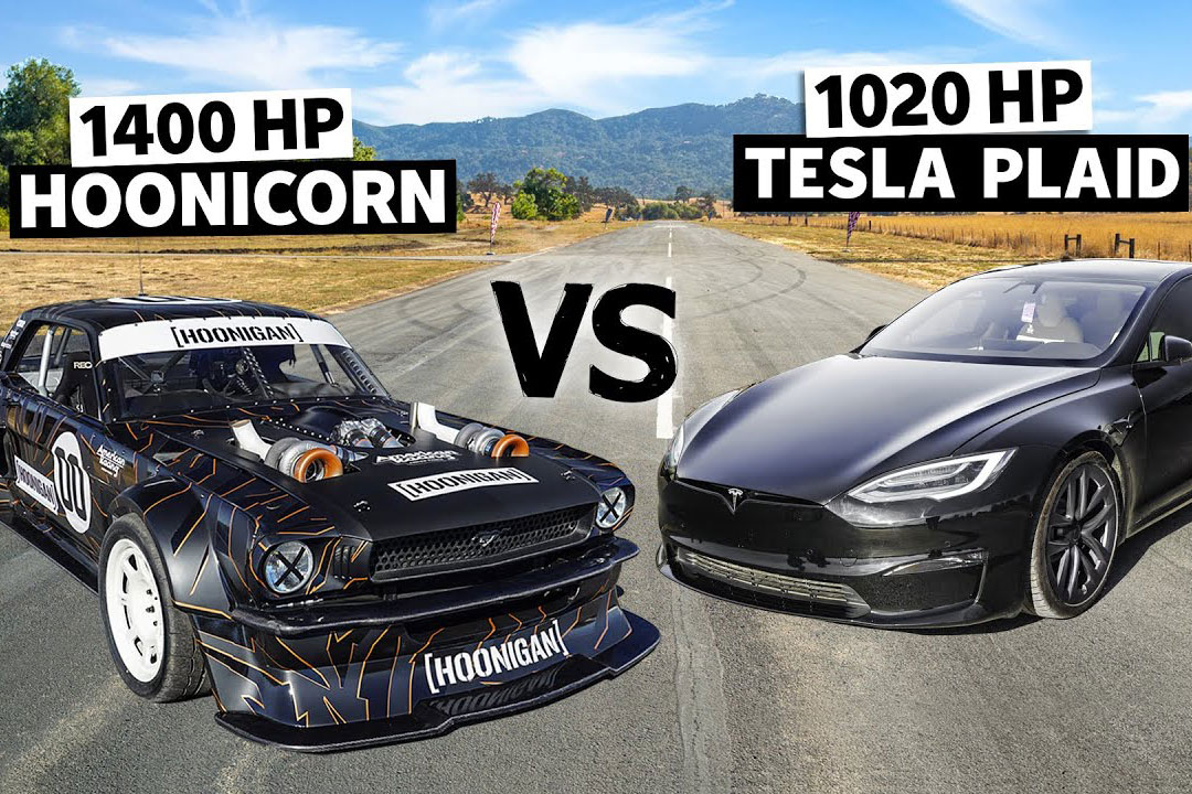 Tesla Model S Plaid (1.020 PS) vs. Ken Block&#8217;s AWD Mustang (1.400 PS)
