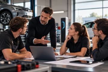 Team Besprechung in der modernen Autowerkstatt